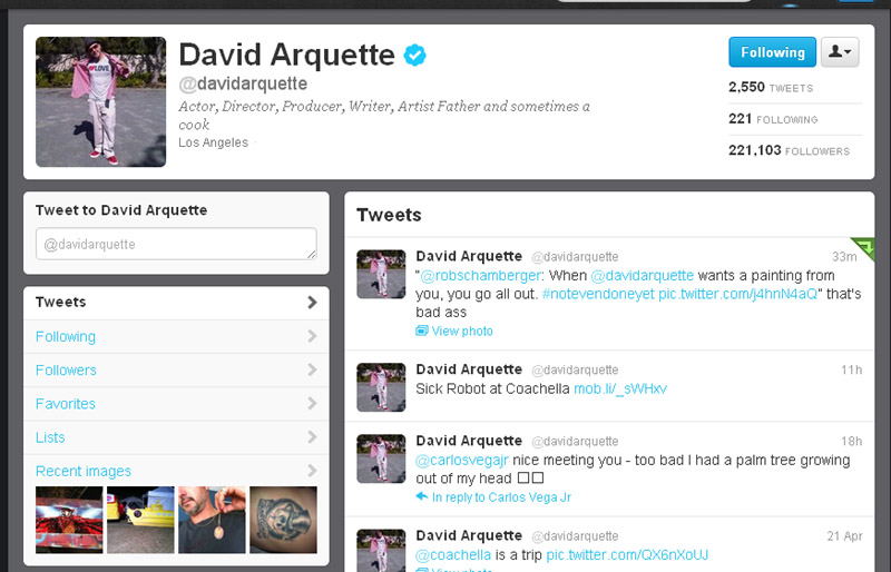 David Arquette tweeting about Rob Schamberger